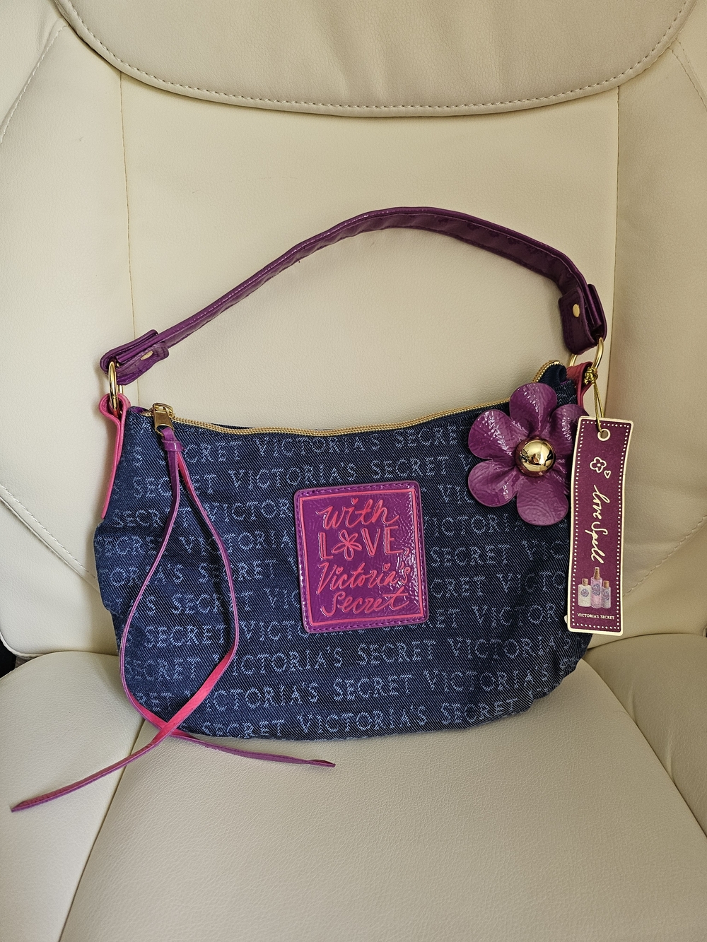 Vintage Victoria's Secret "Love Spell" Denim Shoulder Bag in Purple/Pink